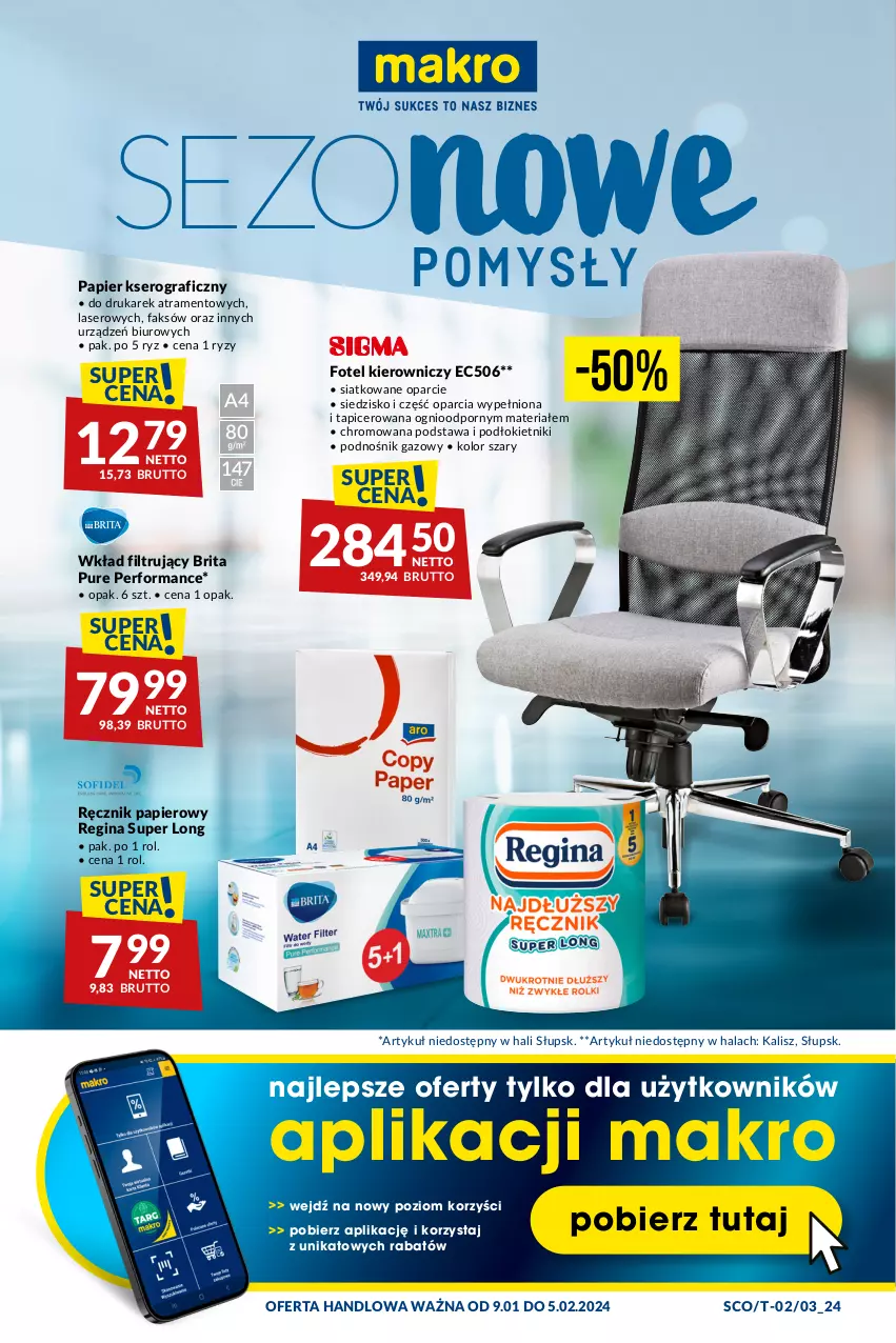 Gazetka promocyjna Makro - Najlepsze oferty - ważna 09.01 do 05.02.2024 - strona 1 - produkty: Biuro, Brit, Brita, Fa, Fotel, Gin, Gra, Papier, Por, Pur, Ręcznik, Ser, Siedzisko, Wkład filtrujący