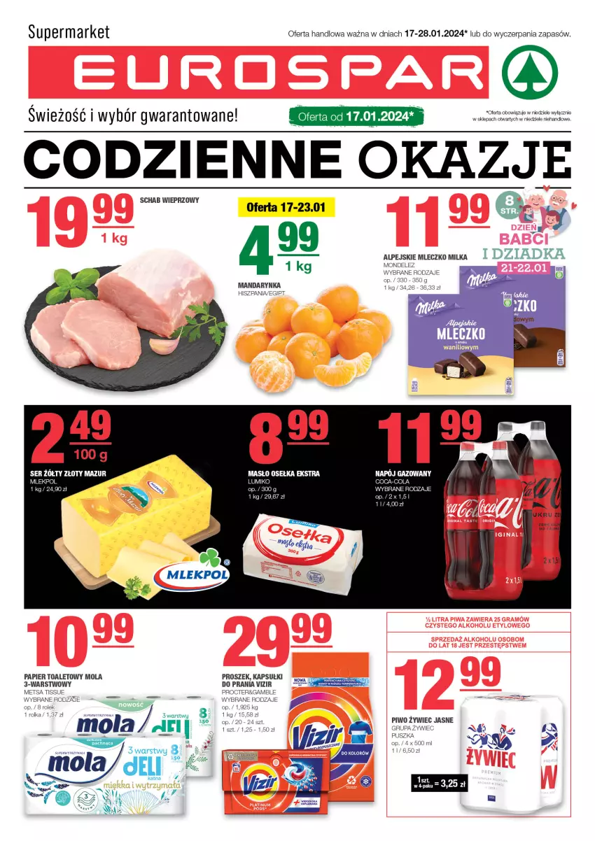 Gazetka promocyjna Spar - EuroSpar - ważna 14.01 do 24.01.2024 - strona 1 - produkty: Coca-Cola, Kapsułki do prania, Masło, Milka, Mleczko, Mola, Papier, Papier toaletowy, Piwo, Schab wieprzowy, Ser, Vizir, Złoty Mazur