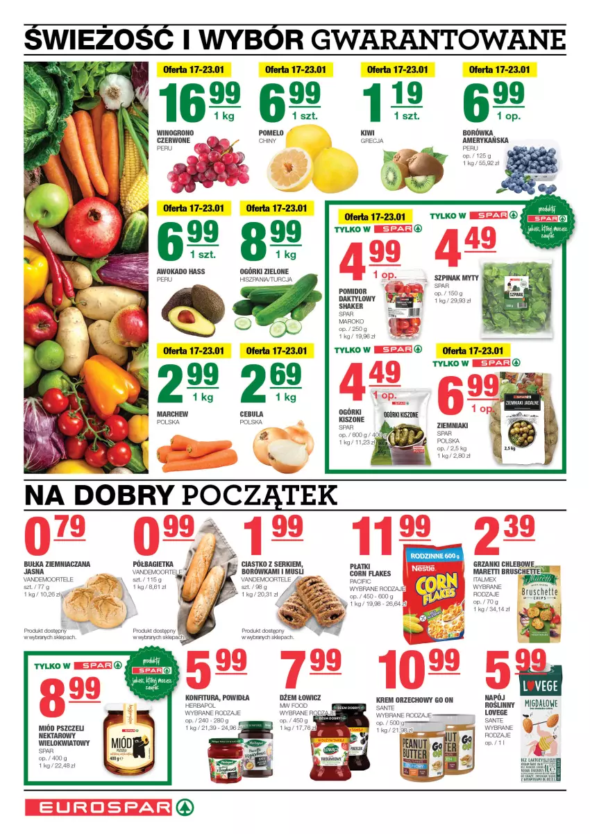 Gazetka promocyjna Spar - EuroSpar - ważna 14.01 do 24.01.2024 - strona 2 - produkty: Bagietka, Borówka, Bruschette, Bułka, Cebula, Chleb, Cif, Corn flakes, Dżem, Kiwi, Konfitura, Krem orzechowy, Miód, Mus, Napój, Nektar, Pomelo, Sante, Ser, Szpinak, Wino, Ziemniaki