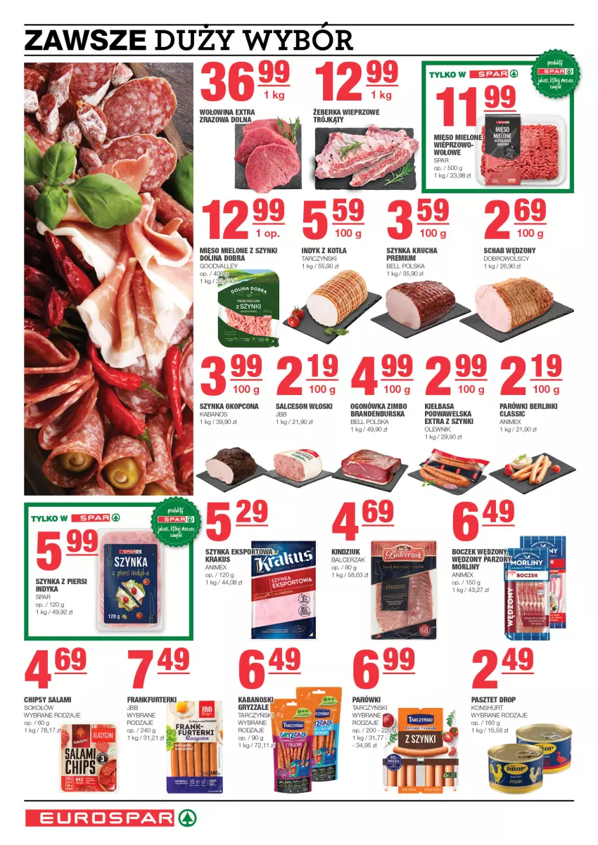 Gazetka promocyjna Spar - EuroSpar - ważna 14.01 do 24.01.2024 - strona 4 - produkty: Bell, Berlinki, Boczek, Chipsy, Fa, Frankfurterki, Gry, Kabanos, Kiełbasa, Kindziuk, Krakus, LG, Mięso, Mięso mielone, Mięso mielone z szynki, Morliny, Ogonówka, Olewnik, Parówki, Pasztet, Por, Salami, Salceson, Sok, Sokołów, Sport, Szynka, Tarczyński, Wawel, Wołowina