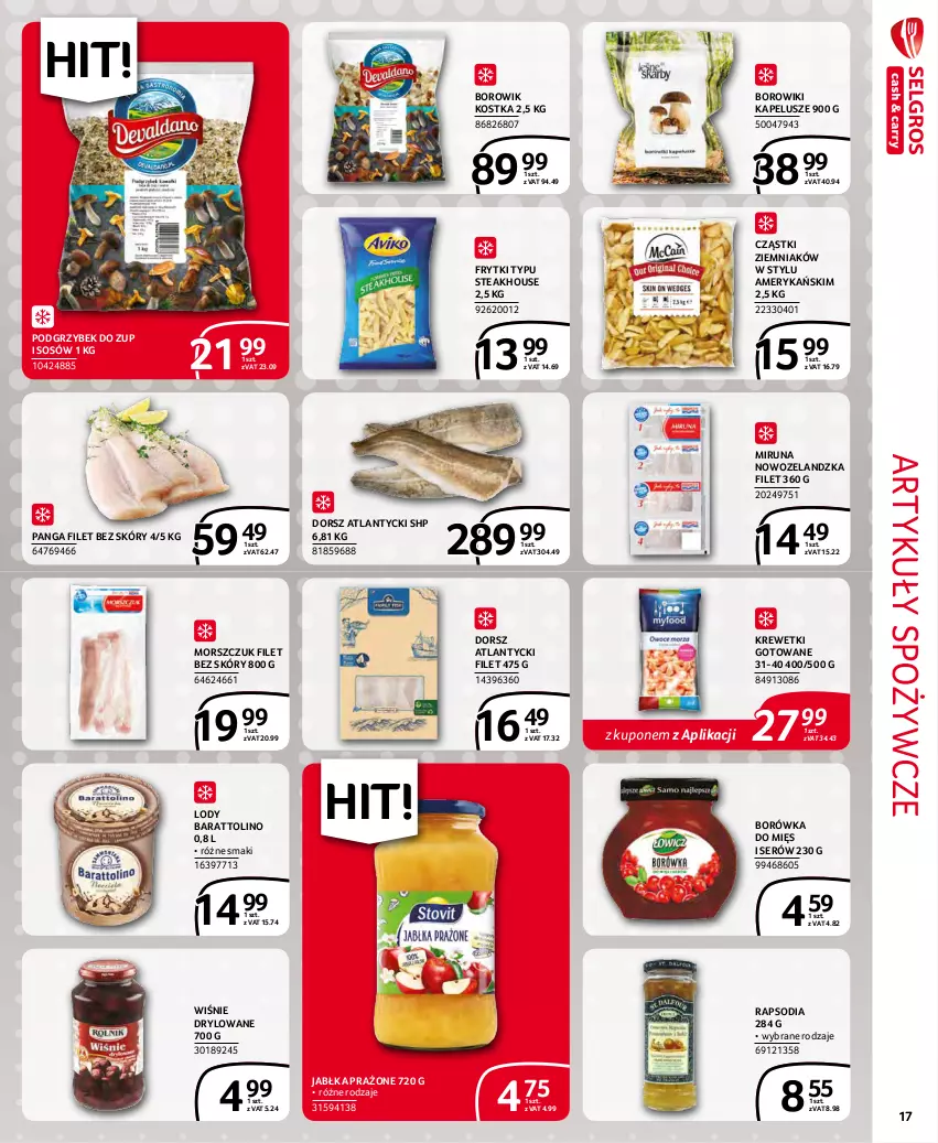 Gazetka promocyjna Selgros - Extra Oferta - ważna 01.12 do 31.12.2021 - strona 17 - produkty: Artykuły spożywcze, Borowiki, Borówka, Dorsz, Frytki, HP, Jabłka, Jabłka prażone, Krewetki, Lody, Miruna, Panga, Ser, Sos