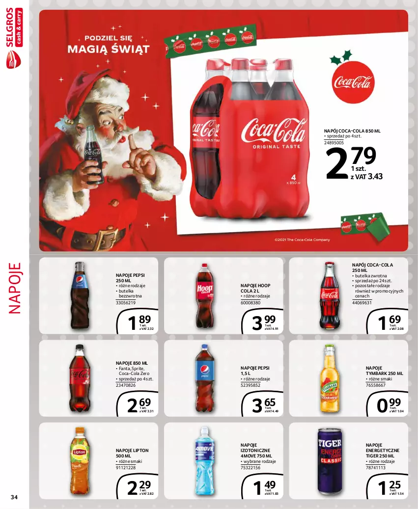 Gazetka promocyjna Selgros - Extra Oferta - ważna 01.12 do 31.12.2021 - strona 34 - produkty: Coca-Cola, Fa, Fanta, Hoop, Lipton, Napój, Napoje, Pepsi, Sprite, Tiger, Tymbark