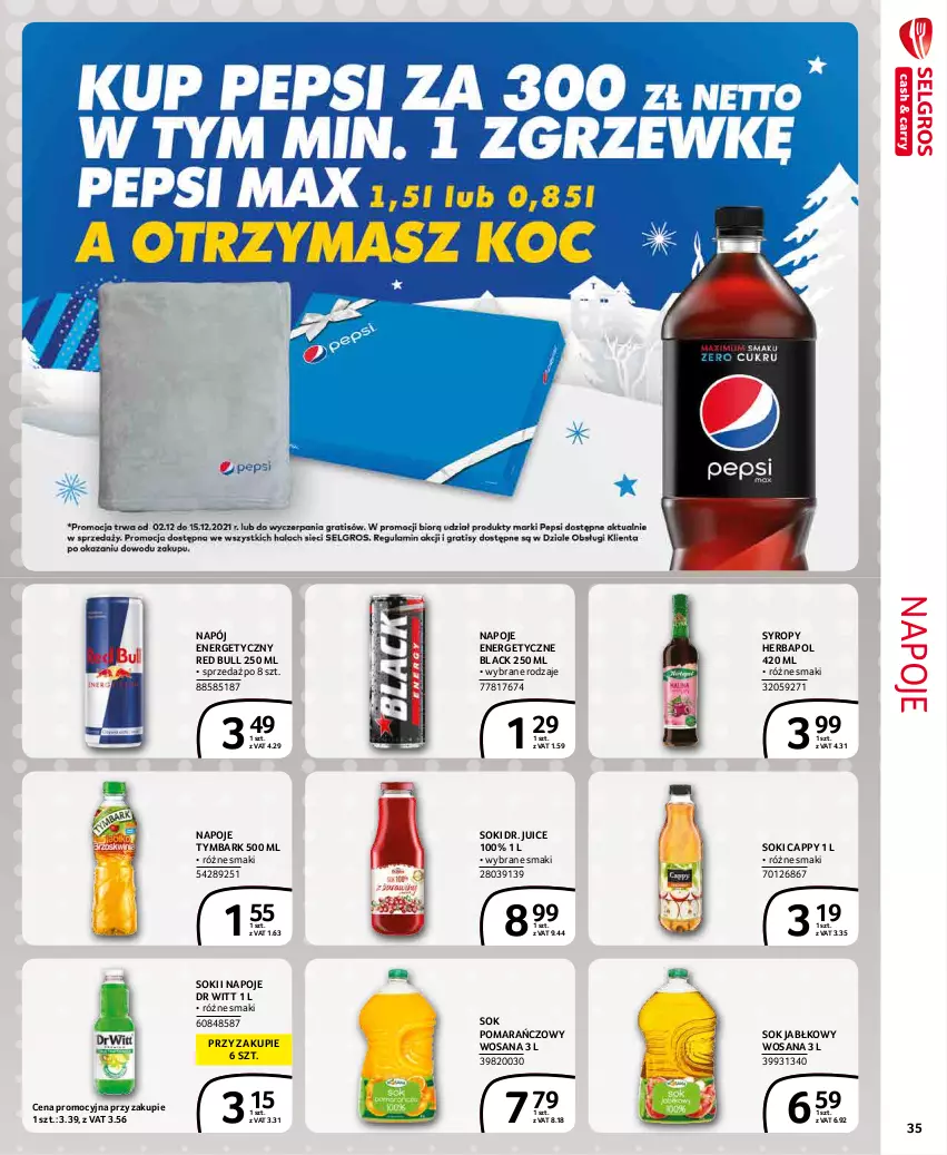 Gazetka promocyjna Selgros - Extra Oferta - ważna 01.12 do 31.12.2021 - strona 35 - produkty: Cappy, Herbapol, Lack, Napój, Napój energetyczny, Napoje, Red Bull, Sok, Sok jabłkowy, Sok pomarańczowy, Syrop, Syropy, Tymbark, Wosana