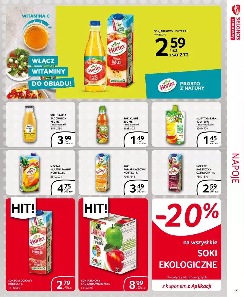 Gazetka promocyjna Selgros - Extra Oferta - ważna 01.12 do 31.12.2021 - strona 37 - produkty: Hortex, Kubuś, Mus, Napoje, Nektar, Sok, Sok jabłkowy, Sok pomarańczowy, Sok pomidorowy, Tymbark