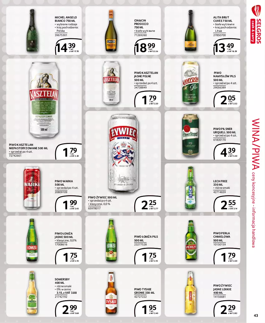 Gazetka promocyjna Selgros - Extra Oferta - ważna 01.12 do 31.12.2021 - strona 43 - produkty: Kasztelan, Namysłów, Perła, Pilsner Urquell, Piwa, Piwo, Prosecco, Somersby, Tyskie, Warka