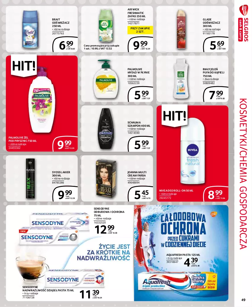 Gazetka promocyjna Selgros - Extra Oferta - ważna 01.12 do 31.12.2021 - strona 49 - produkty: Air Wick, Aquafresh, Biały Jeleń, Fa, Joanna, Lakier, Mydło, Mydło w płynie, Nivea, Palmolive, Płyn do kąpieli, Schauma, Sensodyne, Syoss, Szampon