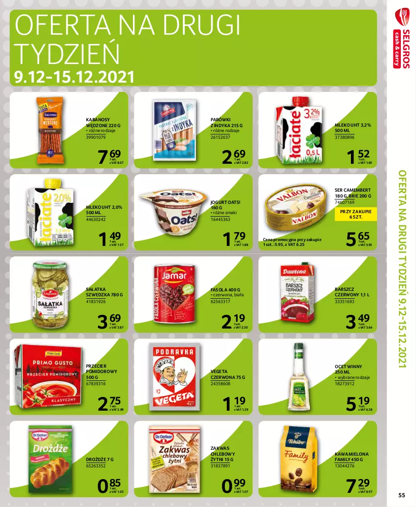 Gazetka promocyjna Selgros - Extra Oferta - ważna 01.12 do 31.12.2021 - strona 55 - produkty: Brie, Camembert, Chleb, Drożdże, Fa, Fasola, Jogurt, Kabanos, Kawa, Kawa mielona, Mleko, Ocet, Parówki, Parówki z indyka, Sałat, Sałatka, Ser, Vegeta