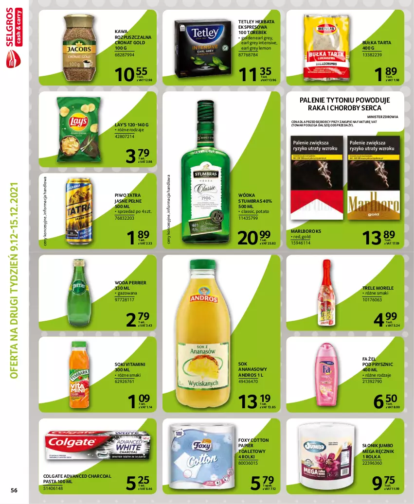 Gazetka promocyjna Selgros - Extra Oferta - ważna 01.12 do 31.12.2021 - strona 56 - produkty: Ananas, Bułka, Bułka tarta, Colgate, Earl Grey, Fa, Foxy, Herbata, Kawa, Kawa rozpuszczalna, Lay’s, LG, Papier, Papier toaletowy, Piwo, Ręcznik, Rolki, Ser, Sok, Tarta, Tatra, Tetley, Woda, Wódka