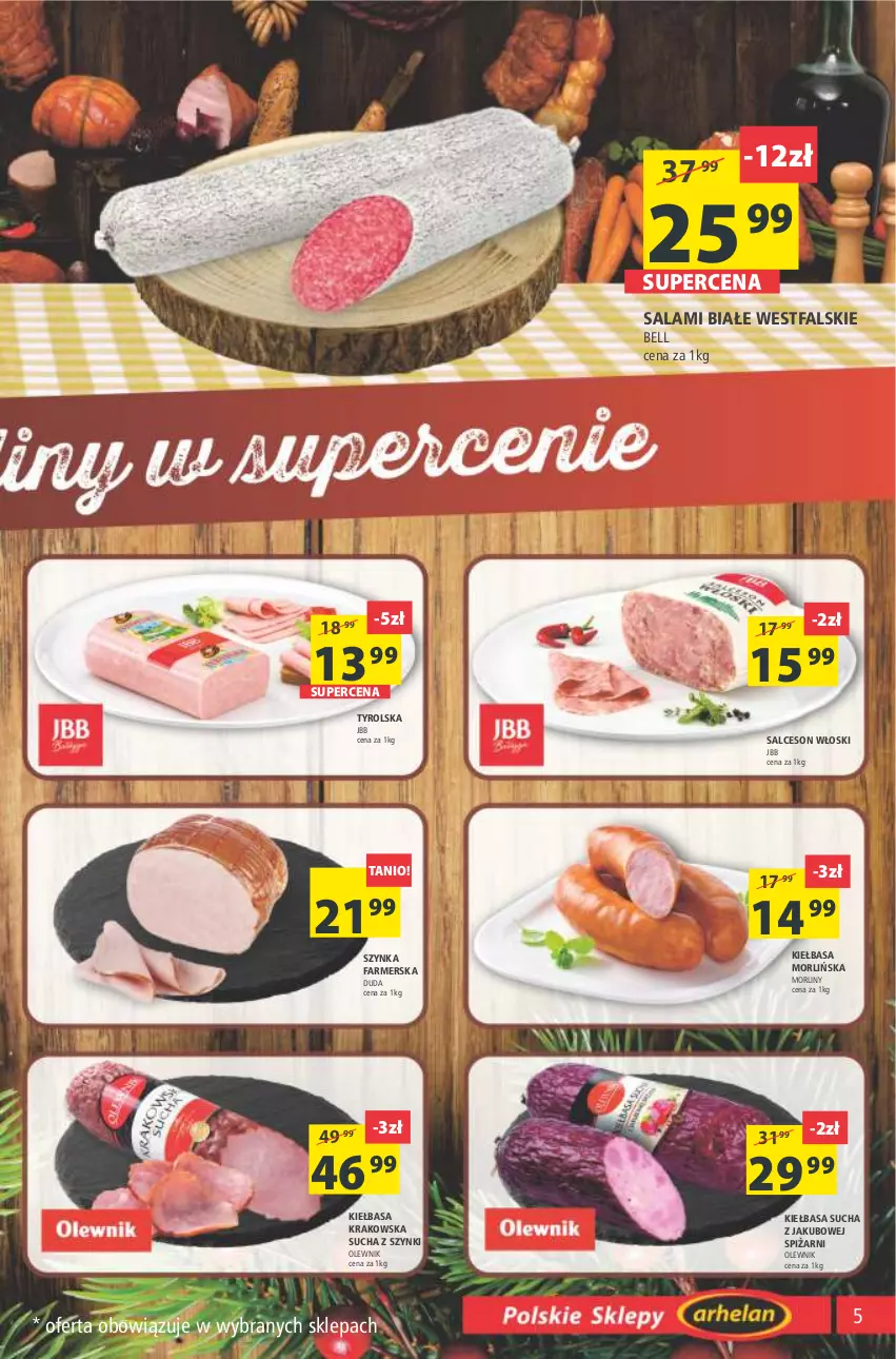 Gazetka promocyjna Arhelan - Gazetka - ważna 14.01 do 23.01.2022 - strona 5 - produkty: Bell, Duda, Fa, Kiełbasa, Kiełbasa krakowska, Morliny, Olewnik, Salami, Salceson, Szynka, Szynka farmerska