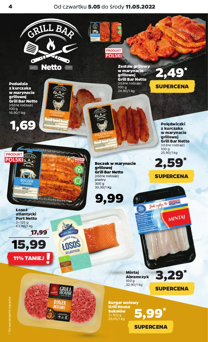 Gazetka promocyjna Netto - Gazetka spożywcza 5.05-11.05 - ważna 05.05 do 11.05.2022 - strona 4 - produkty: Boczek, Burger, Grill, Kurczak, Mintaj, Polędwiczki z kurczaka, Por, Sok, Sokołów