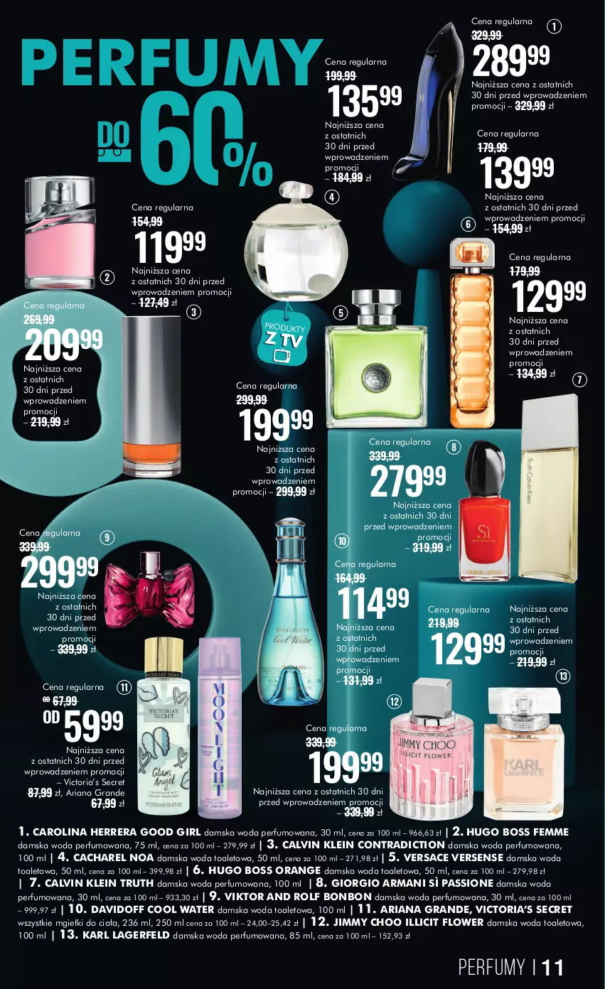 Gazetka promocyjna Super Pharm - Gazetka - ważna 17.11 do 26.11.2023 - strona 11 - produkty: Cacharel, Calvin Klein, Carolina Herrera, Davidoff, Giorgio Armani, Gra, Hugo Boss, Jimmy Choo, Karl Lagerfeld, Perfum, Versace, Woda, Woda perfumowana, Woda toaletowa