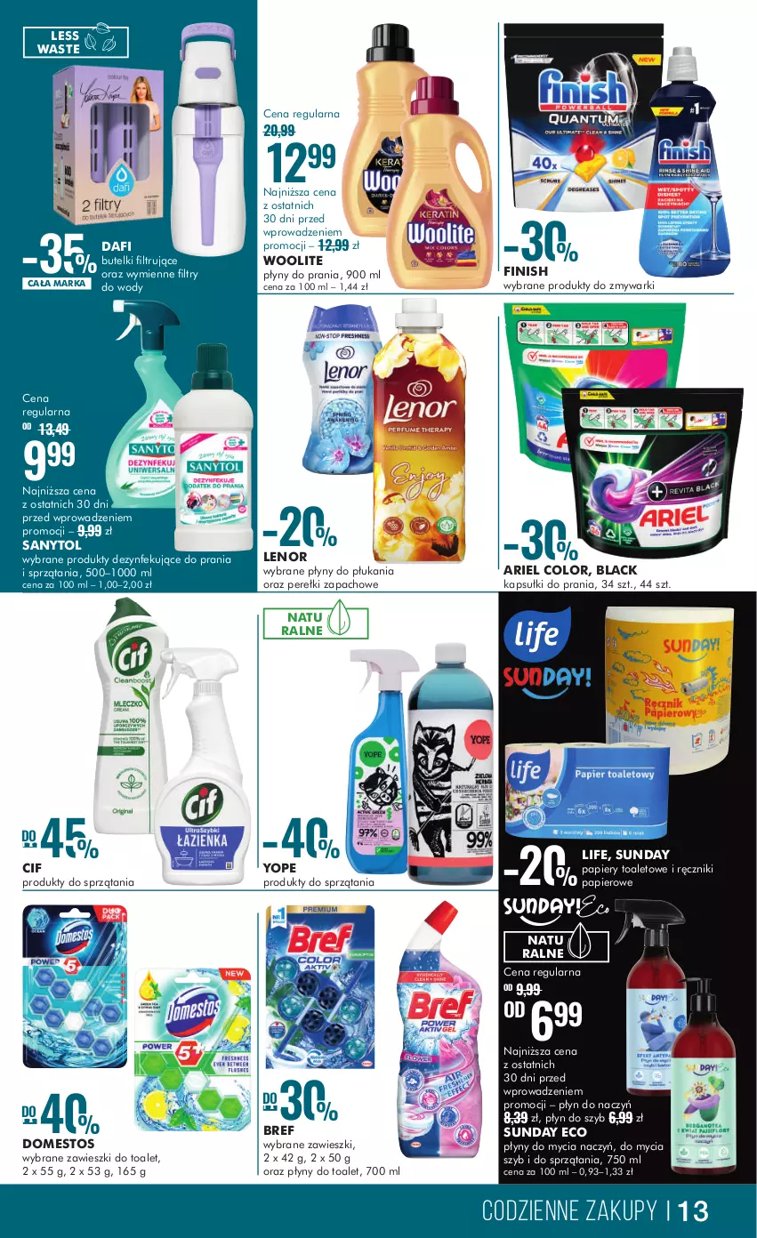 Gazetka promocyjna Super Pharm - Gazetka - ważna 17.11 do 26.11.2023 - strona 13 - produkty: Ariel, Bref, Cif, Do mycia naczyń, Domestos, Finish, Kapsułki do prania, Lack, Lenor, Papier, Perełki zapachowe, Płyn do szyb, Ręcznik, Ręczniki papierowe, Sanytol, Woolite, Yope, Zawieszki, Zmywarki