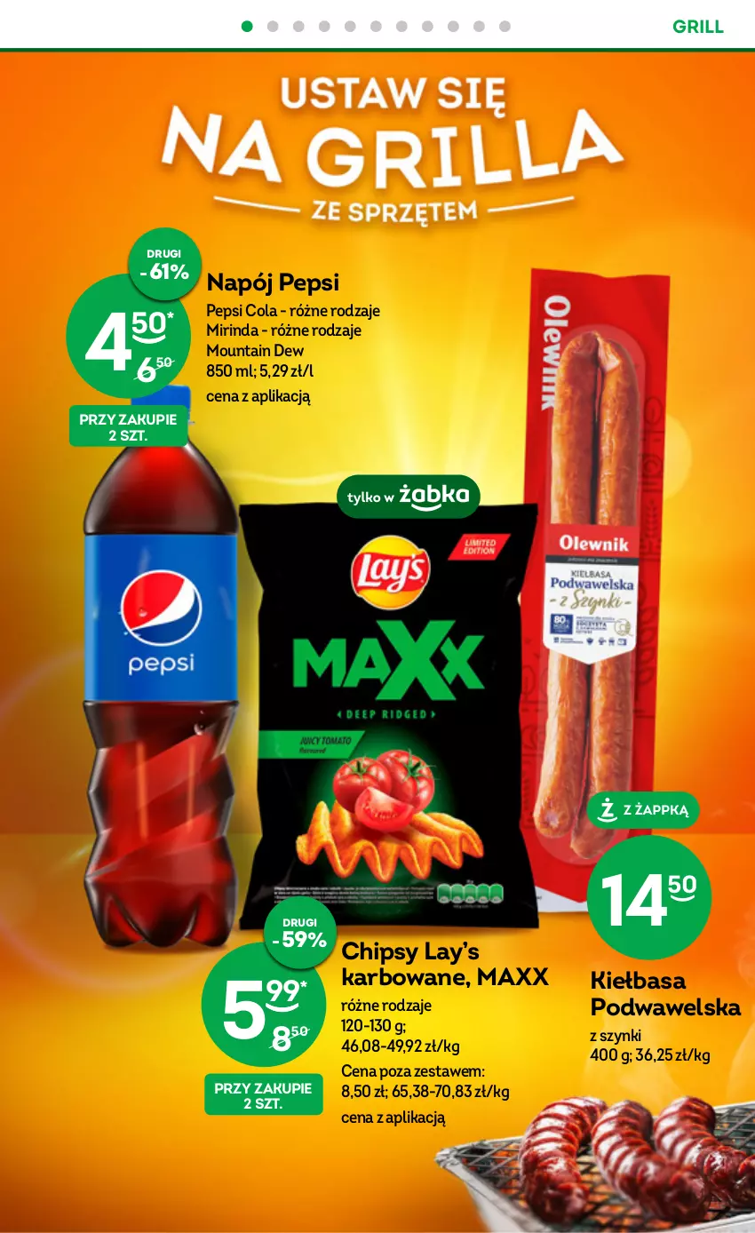 Gazetka promocyjna Żabka - ważna 21.06 do 04.07.2023 - strona 27 - produkty: Chipsy, Grill, Kiełbasa, Kiełbasa podwawelska, Lay’s, Mirinda, Napój, Pepsi, Wawel