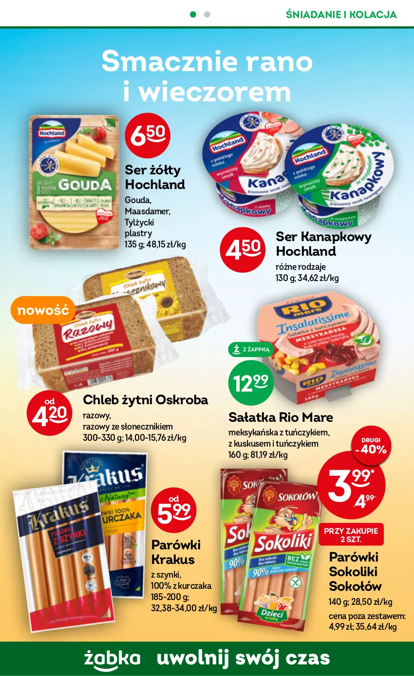 Gazetka promocyjna Żabka - ważna 21.06 do 04.07.2023 - strona 44 - produkty: Chleb, Gouda, Hochland, Krakus, Kurczak, Kuskus, Maasdam, Parówki, Parówki sokoliki, Rio Mare, Sałat, Sałatka, Ser, Sok, Sokołów, Tuńczyk