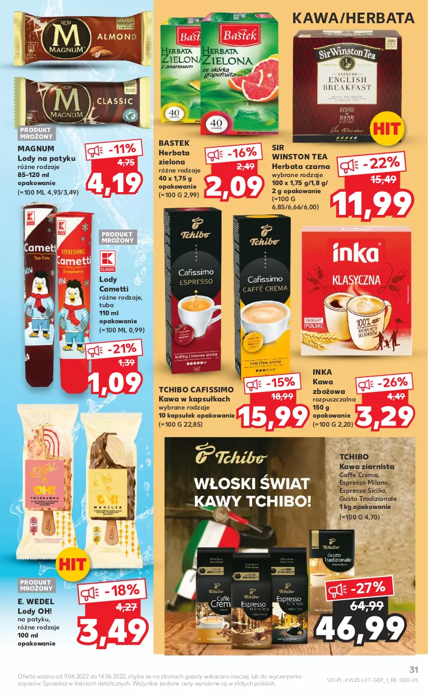 Gazetka promocyjna Kaufland - OFERTA TYGODNIA - ważna 09.06 do 14.06.2022 - strona 31 - produkty: Cafissimo, E. Wedel, Herbata, Herbata czarna, Inka, Kawa, Kawa zbożowa, Kawa ziarnista, Lody, Stek, Tchibo, Winston