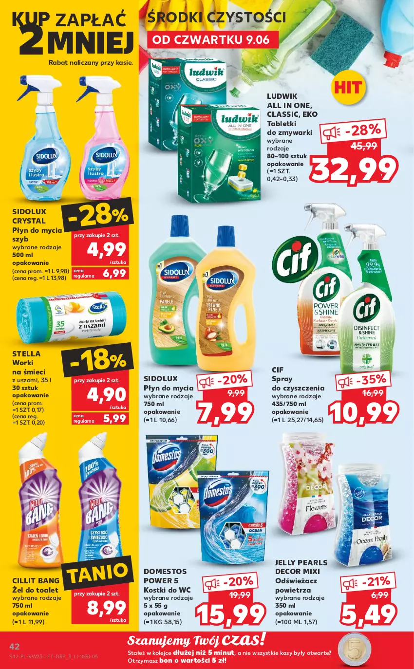 Gazetka promocyjna Kaufland - OFERTA TYGODNIA - ważna 09.06 do 14.06.2022 - strona 42 - produkty: Cif, Cillit Bang, Domestos, Ludwik, Odświeżacz powietrza, Olej, Płyn do mycia, Sidolux, Spray do czyszczenia, Tablet, Tabletki do zmywarki, Worki na śmiec, Worki na śmieci, Zmywarki