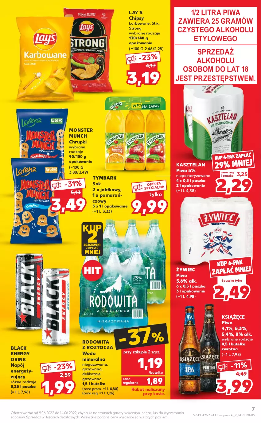 Gazetka promocyjna Kaufland - OFERTA TYGODNIA - ważna 09.06 do 14.06.2022 - strona 7 - produkty: Chipsy, Chrupki, Gra, Kasztelan, Książęce, Lack, Monster Munch, Napój, Piwa, Piwo, Sok, Tymbark, Woda, Woda mineralna