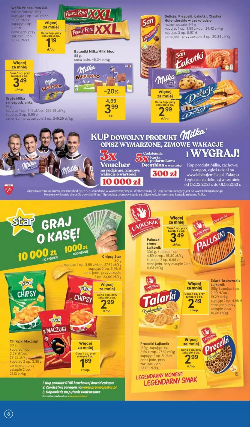 Gazetka promocyjna Tesco - Tesco gazetka - przyszły tydzień - ważna 25.02 do 03.03.2021 - strona 8 - produkty: Baton, Lajkonik, Milka, Precelki, Tonik