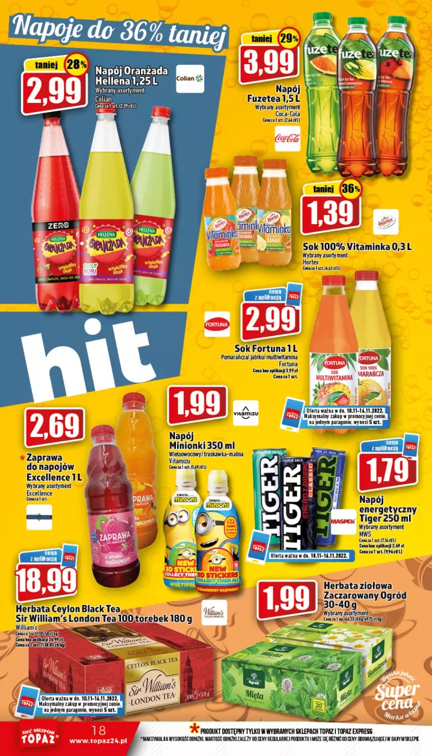 Gazetka promocyjna Topaz - Gazetka - ważna 10.11 do 16.11.2022 - strona 18 - produkty: Coca-Cola, Fortuna, Hellena, Herbata, Inka, Jabłka, Lack, Napój, Ogród, Oranżada, Sok, Tiger, Top