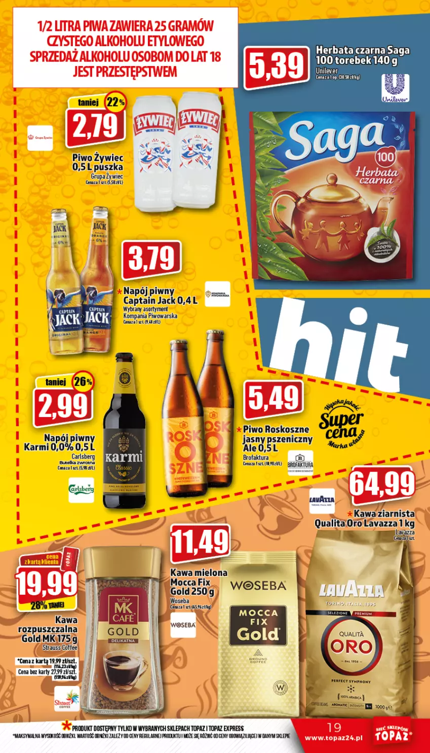 Gazetka promocyjna Topaz - Gazetka - ważna 10.11 do 16.11.2022 - strona 19 - produkty: Captain Jack, Carlsberg, Fa, Herbata, Herbata czarna, Karmi, Kawa, Kawa mielona, Kawa rozpuszczalna, Lavazza, Mocca Fix Gold, Napój, Piwo, Saga, Top, Woseba