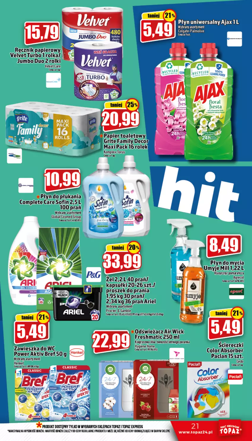 Gazetka promocyjna Topaz - Gazetka - ważna 10.11 do 16.11.2022 - strona 21 - produkty: Ajax, Ariel, Bref, Colgate, Fa, Flora, LG, Papier, Por, Proszek do prania, Ręcznik, Rolki, Top, Velvet, Zawieszka do wc