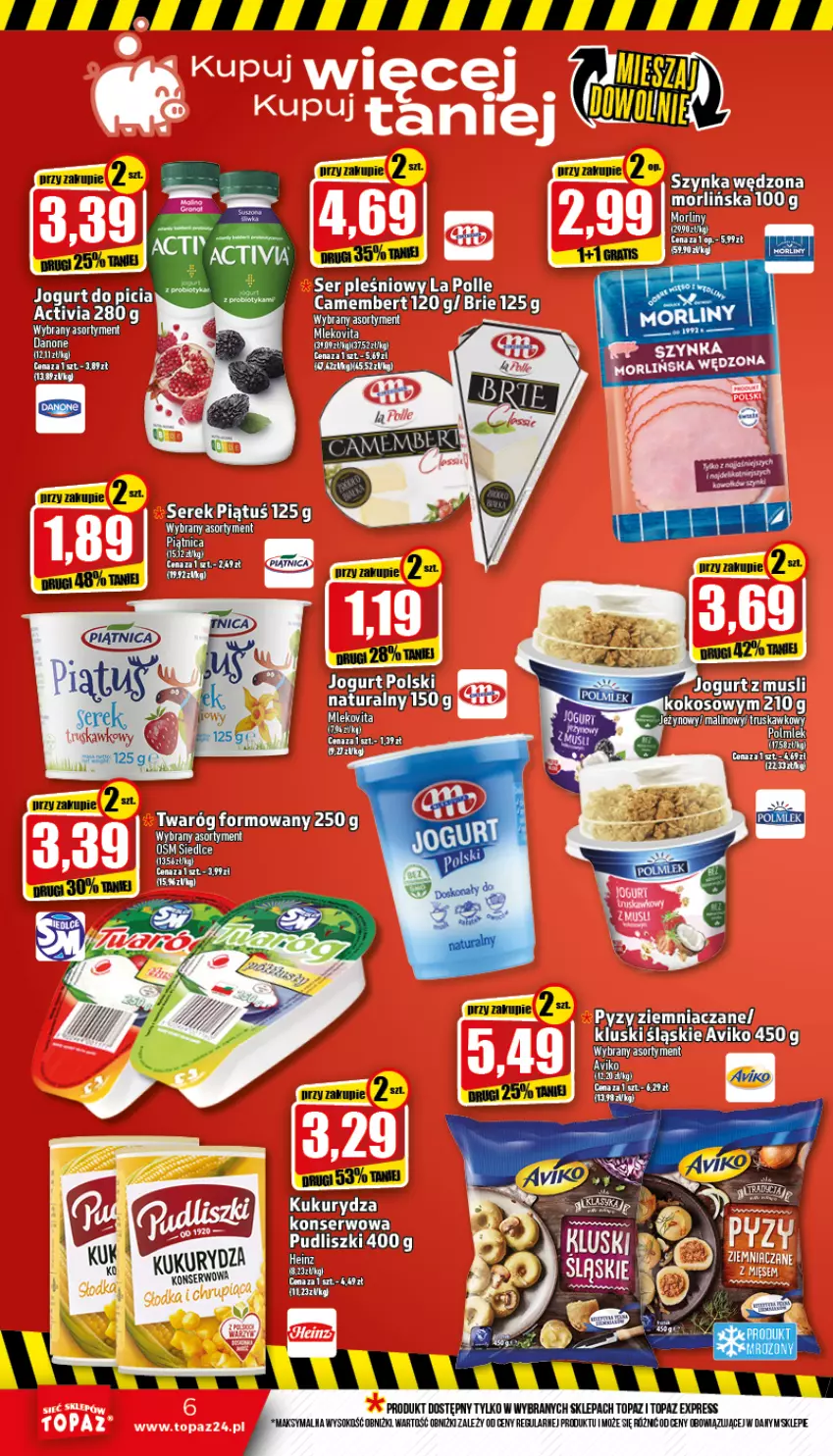 Gazetka promocyjna Topaz - Gazetka - ważna 10.11 do 16.11.2022 - strona 6 - produkty: Brie, Camembert, Morliny, Piątnica, Ser, Ser pleśniowy, Serek, Sok, Szynka, Top