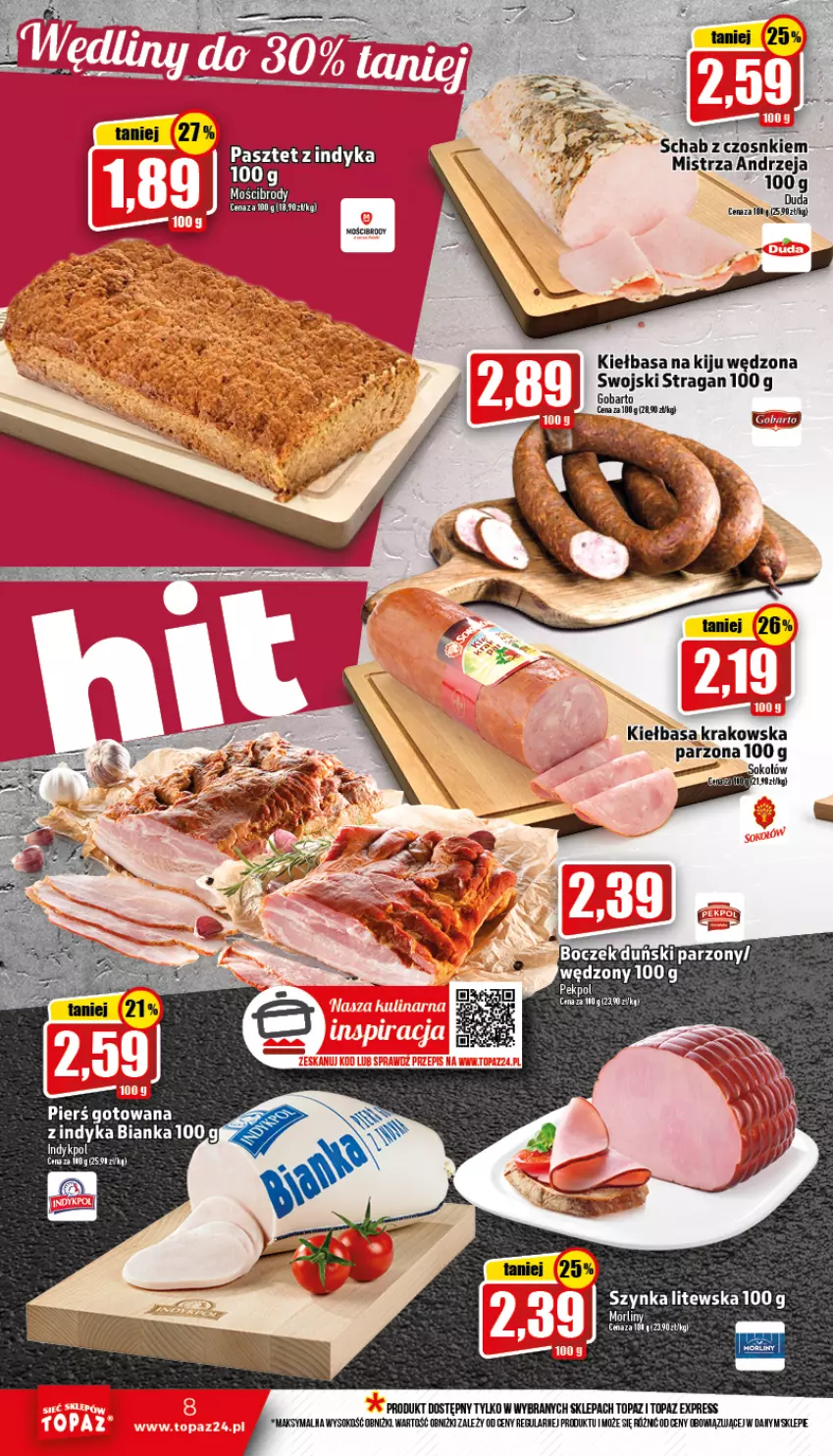 Gazetka promocyjna Topaz - Gazetka - ważna 10.11 do 16.11.2022 - strona 8 - produkty: Bianka, Boczek, Kiełbasa, Kiełbasa krakowska, Morliny, Sok, Szynka, Top