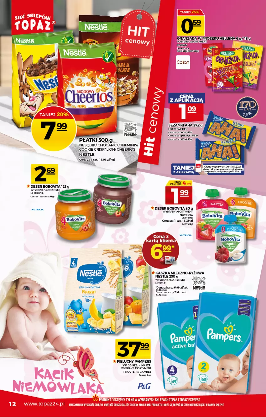 Gazetka promocyjna Topaz - Gazetka - ważna 08.04 do 14.04.2021 - strona 12 - produkty: BoboVita, Cheerios, Cini Minis, Deser, Hellena, Lion, Miecz, Nesquik, Oranżada, Pampers, Pieluchy, Ryż, Ser, Sezam