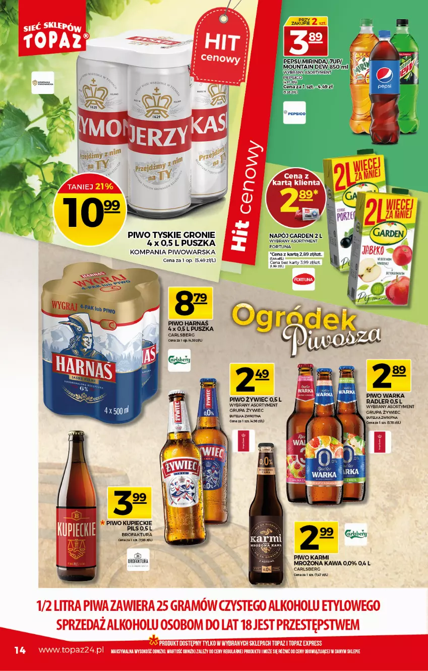 Gazetka promocyjna Topaz - Gazetka - ważna 08.04 do 14.04.2021 - strona 14 - produkty: Carlsberg, Fa, Fortuna, Harnaś, Karmi, Kawa, Kupiec, Napój, Piec, Piwo, Tyskie