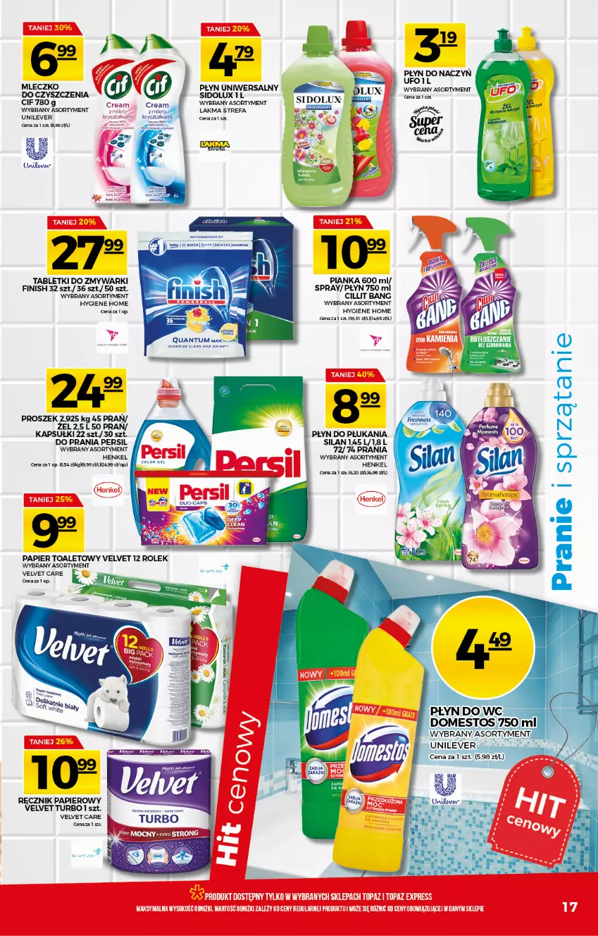 Gazetka promocyjna Topaz - Gazetka - ważna 08.04 do 14.04.2021 - strona 17 - produkty: Cif, Cillit Bang, Domestos, Fa, Finish, Mleczko, Papier, Papier toaletowy, Persil, Płyn do płukania, Ręcznik, Sidolux, Silan, Tablet, Tabletki do zmywarki, Velvet, Zmywarki