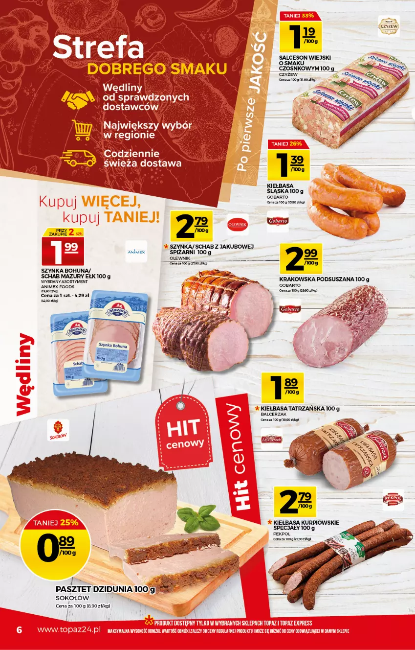 Gazetka promocyjna Topaz - Gazetka - ważna 08.04 do 14.04.2021 - strona 6 - produkty: Kiełbasa, Pasztet, Salceson, Sok, Sokołów, Szynka