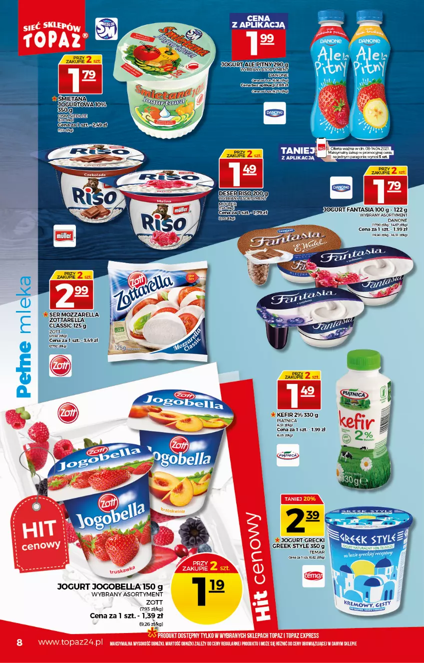 Gazetka promocyjna Topaz - Gazetka - ważna 08.04 do 14.04.2021 - strona 8 - produkty: Bell, Bella, Danone, Deser, Fa, Fanta, Jogobella, Jogurt, Kefir, Mozzarella, Piątnica, Ser, Zott, Zottarella