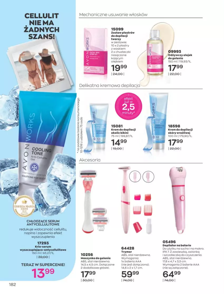 Gazetka promocyjna Avon - Sierpień - ważna 01.08 do 31.08.2022 - strona 178 - produkty: Bateria, Bikini, Chusteczki, Depilator, Krem do depilacji, Maszynka, Maszynka do golenia, Olej, Rum, Ser, Serum, Szynka, Tera