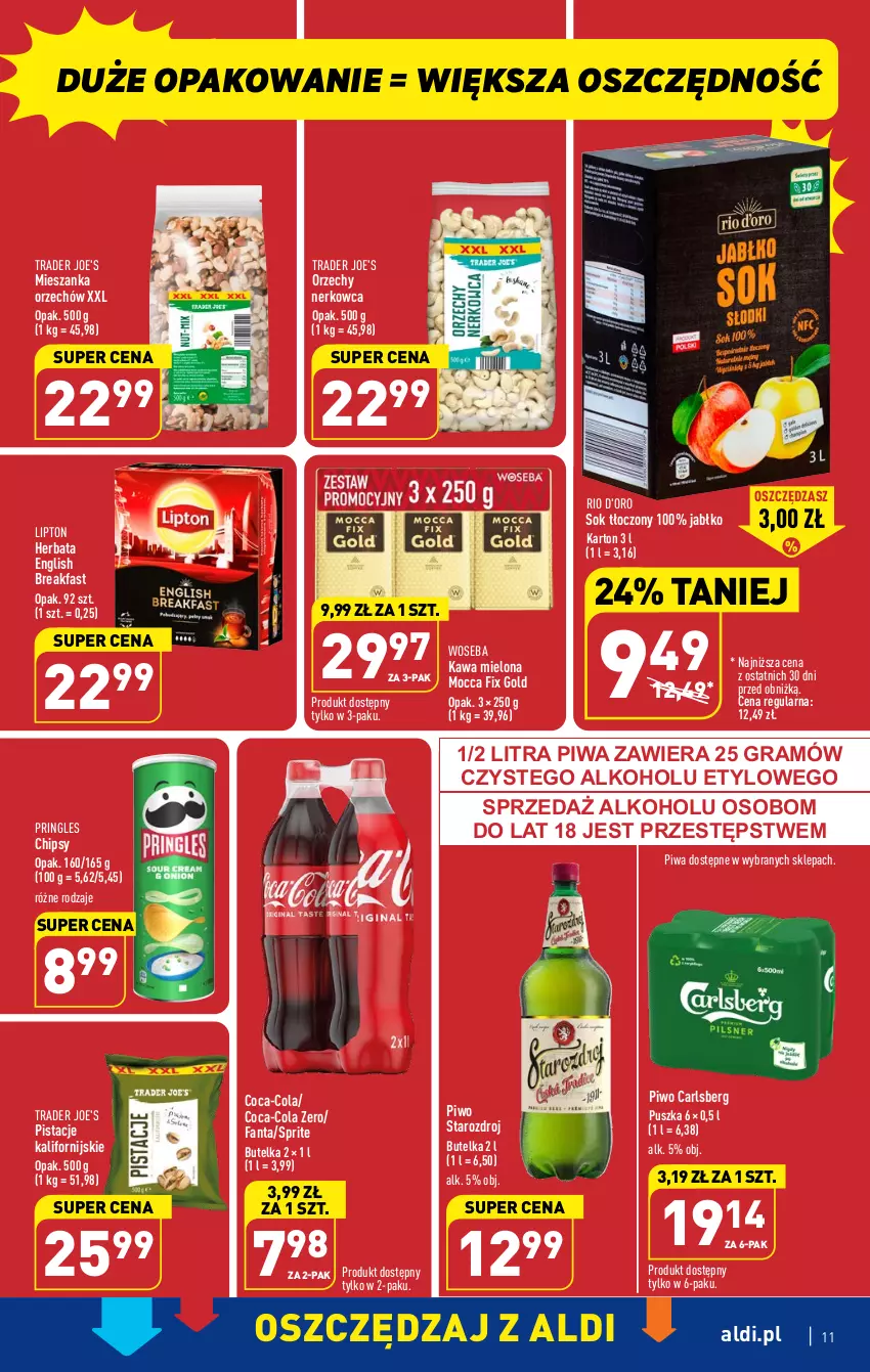 Gazetka promocyjna Aldi - Pełen katalog - ważna 13.03 do 18.03.2023 - strona 11 - produkty: Carlsberg, Chipsy, Coca-Cola, Fa, Fanta, Gra, Herbata, Kawa, Kawa mielona, Lipton, Mocca Fix Gold, Pistacje, Piwa, Piwo, Pringles, Sok, Sprite, Woseba