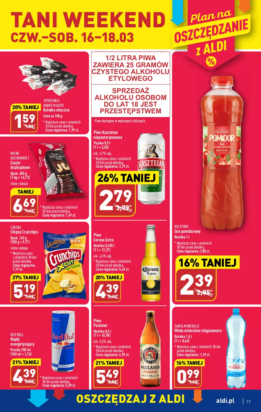 Gazetka promocyjna Aldi - Pełen katalog - ważna 13.03 do 18.03.2023 - strona 17 - produkty: Chipsy, Corona Extra, Crunchips, Gra, Jutrzenka, Kasztelan, Lorenz, Napój, Piwa, Piwo, Red Bull, Sok, Sok pomidorowy, Woda, Woda mineralna