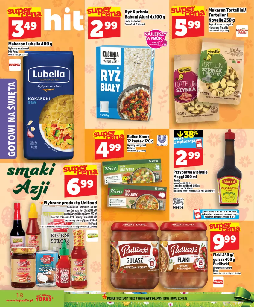 Gazetka promocyjna Topaz - Gazetka - ważna 26.03 do 01.04.2026 - strona 18 - produkty: Babuni, Bell, Bella, Bulion, Flaki, Knorr, Kokos, Kuchnia, Lion, Lubella, Maggi, Makaron, Mleczko, Przyprawa w płynie, Pudliszki, Ricotta, Ryż, Sos, Sos sojowy, Stek, Szpinak, Szynka, Tortelloni