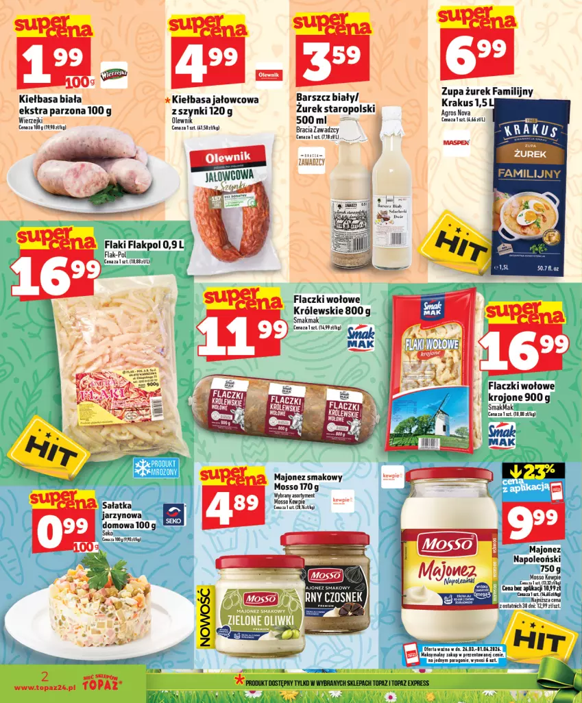 Gazetka promocyjna Topaz - Gazetka - ważna 26.03 do 01.04.2026 - strona 2 - produkty: Fa, Flaczki wołowe, Flaki, Kiełbasa, Kiełbasa biała, Krakus, Królewski, Majonez, Oleo, Olewnik, Sałat, Sałatka, SEKO, Top, Zupa