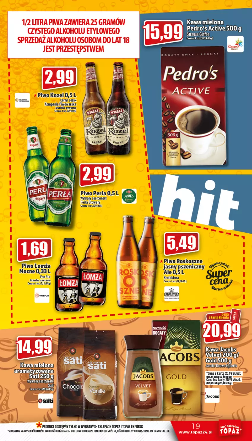 Gazetka promocyjna Topaz - Gazetka - ważna 03.11 do 09.11.2022 - strona 19 - produkty: Jacobs, Kawa, Kawa mielona, Kosz, Kozel, Perła, Piwo, Sok, Top