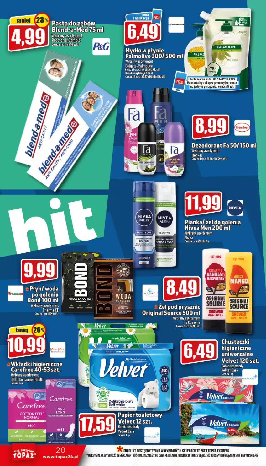 Gazetka promocyjna Topaz - Gazetka - ważna 03.11 do 09.11.2022 - strona 20 - produkty: Carefree, Chusteczki, Colgate, Dezodorant, Fa, Gin, LG, Mydło, Mydło w płynie, Nivea, Nivea Men, Palmolive, Rum, Sok, Top, Velvet, Wkładki, Woda