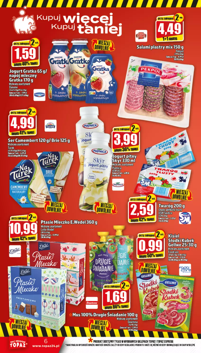 Gazetka promocyjna Topaz - Gazetka - ważna 03.11 do 09.11.2022 - strona 6 - produkty: Brie, Camembert, Jogurt, Jogurt pitny, Kubek, Mleczko, Ptasie mleczko, Salami, Ser, Sok, Top