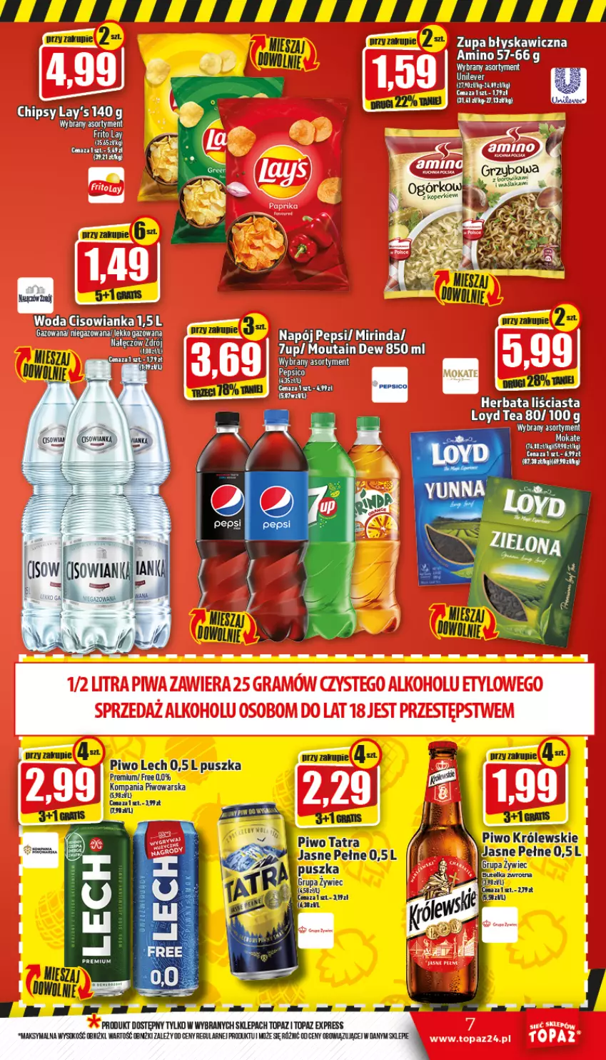 Gazetka promocyjna Topaz - Gazetka - ważna 03.11 do 09.11.2022 - strona 7 - produkty: 7up, Cisowianka, Królewski, Mirinda, Napój, Pepsi, Piwo, Sok, Tatra, Top