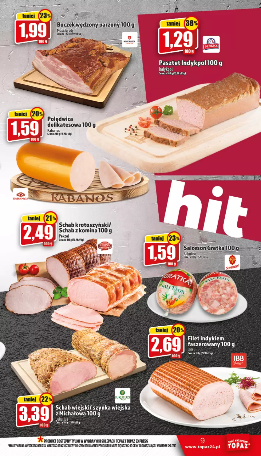 Gazetka promocyjna Topaz - Gazetka - ważna 03.11 do 09.11.2022 - strona 9 - produkty: Boczek, Fa, Kabanos, Pasztet, Polędwica, Schab krotoszyński, Sok, Szynka, Top