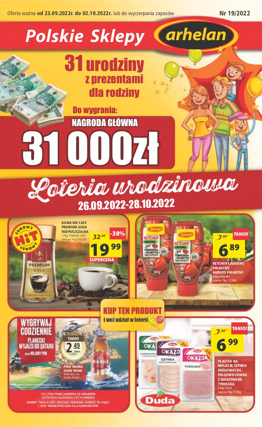 Gazetka promocyjna Arhelan - Gazetka - ważna 23.09 do 02.10.2022 - strona 1 - produkty: Duda, Gra, Kawa, Ketchup, Piwo, Szynka, Warka, Warzywa, Winiary