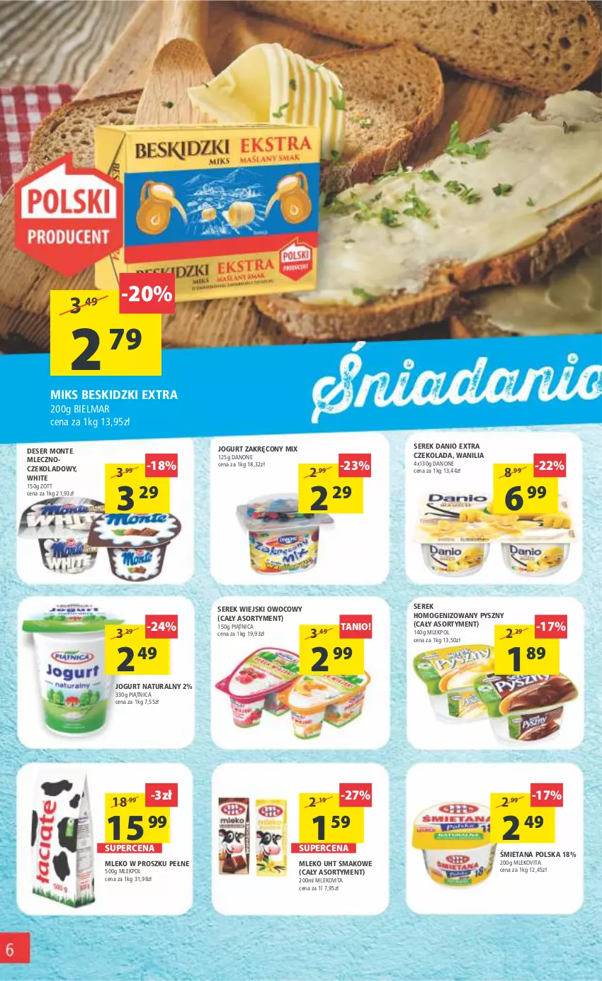 Gazetka promocyjna Arhelan - Gazetka - ważna 23.09 do 02.10.2022 - strona 6 - produkty: Beskidzki, Czekolada, Danio, Danone, Deser, Jogurt, Jogurt naturalny, Mleko, Mleko w proszku, Mlekovita, Monte, Piątnica, Ser, Serek, Serek homogenizowany, Serek wiejski, Vita C, Zott