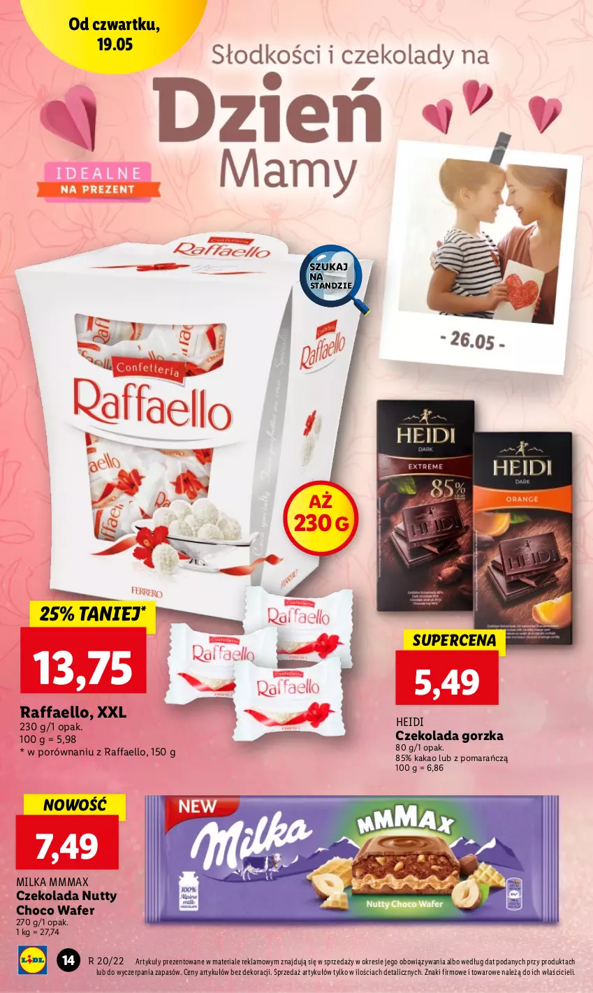 Gazetka promocyjna Lidl - GAZETKA - ważna 19.05 do 21.05.2022 - strona 14 - produkty: Czekolada, Czekolada gorzka, Fa, Kakao, Milka, Por, Raffaello