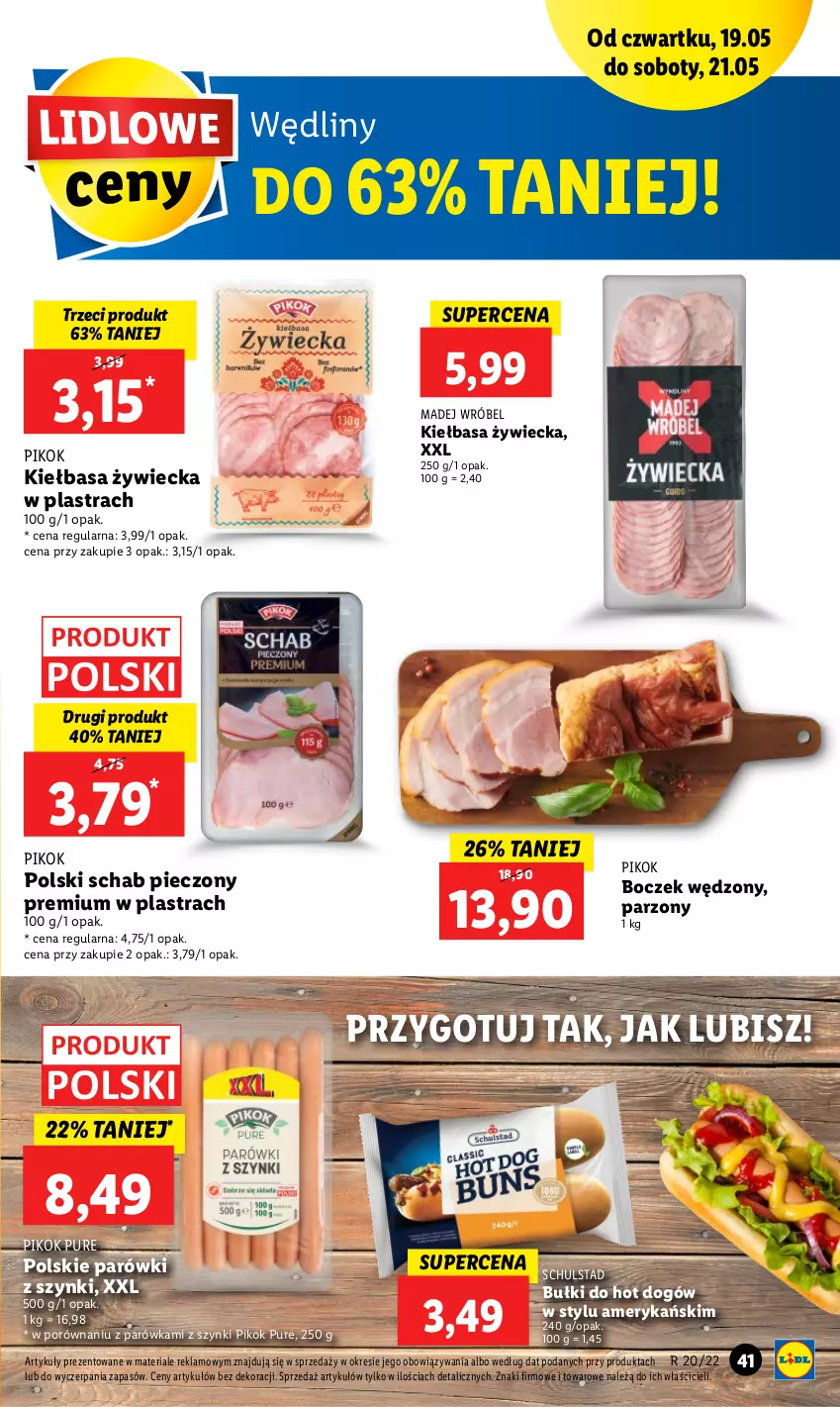 Gazetka promocyjna Lidl - GAZETKA - ważna 19.05 do 21.05.2022 - strona 41 - produkty: Boczek, Bułki do hot dogów, Hot dog, Kiełbasa, Madej Wróbel, Parówki, Parówki z szynki, Piec, PIKOK, Por, Pur, Schab pieczony