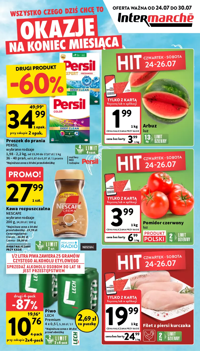 Gazetka promocyjna Intermarche - Gazetka Intermarche - ważna 24.07 do 30.07.2025 - strona 1 - produkty: Arbuz, Filet z piersi kurczaka, Gra, Kawa, Kawa rozpuszczalna, Kurczak, Lech Premium, Persil, Piwa, Piwo, Proszek do prania