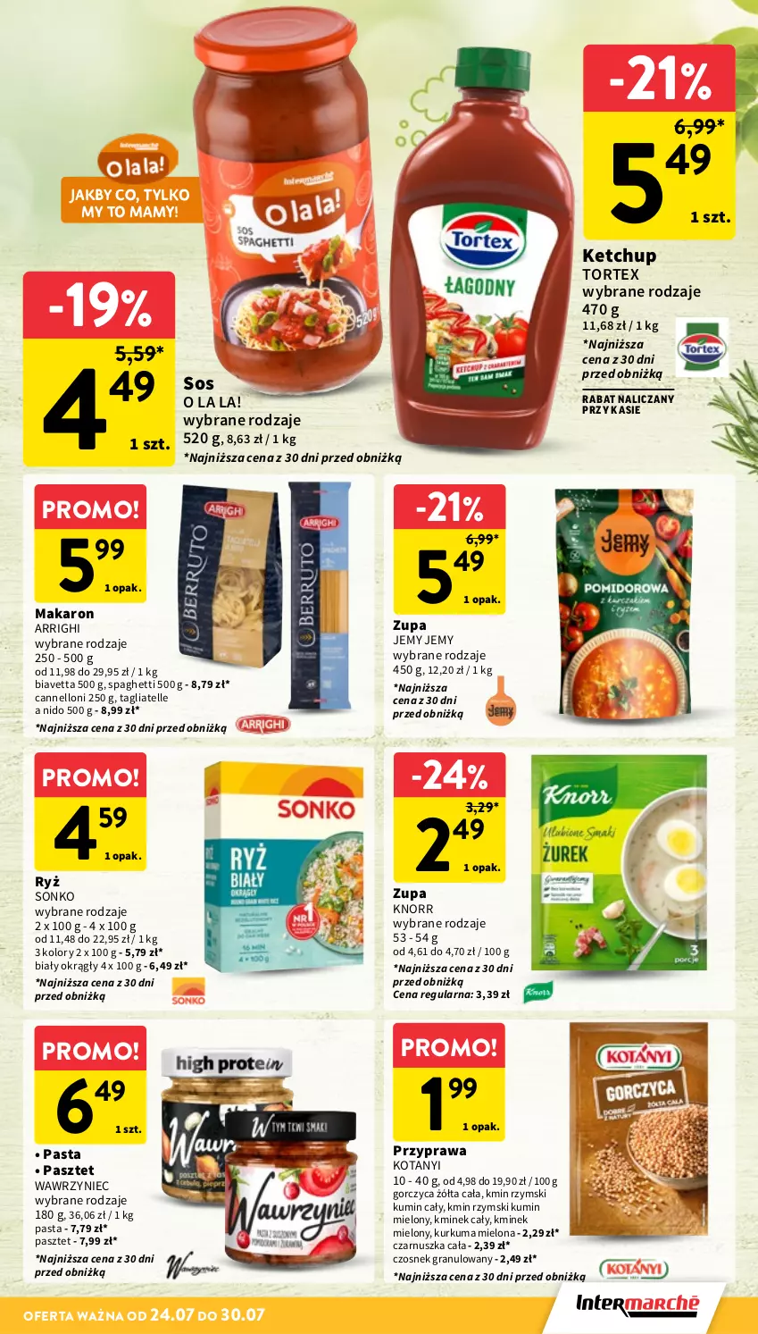 Gazetka promocyjna Intermarche - Gazetka Intermarche - ważna 24.07 do 30.07.2025 - strona 23 - produkty: Czosnek, Czosnek granulowany, Gra, Ketchup, Kminek, Kminek cały, Knorr, Kurkuma, Makaron, Pasztet, Ryż, Sonko, Sos, Spaghetti, Tagliatelle, Zupa