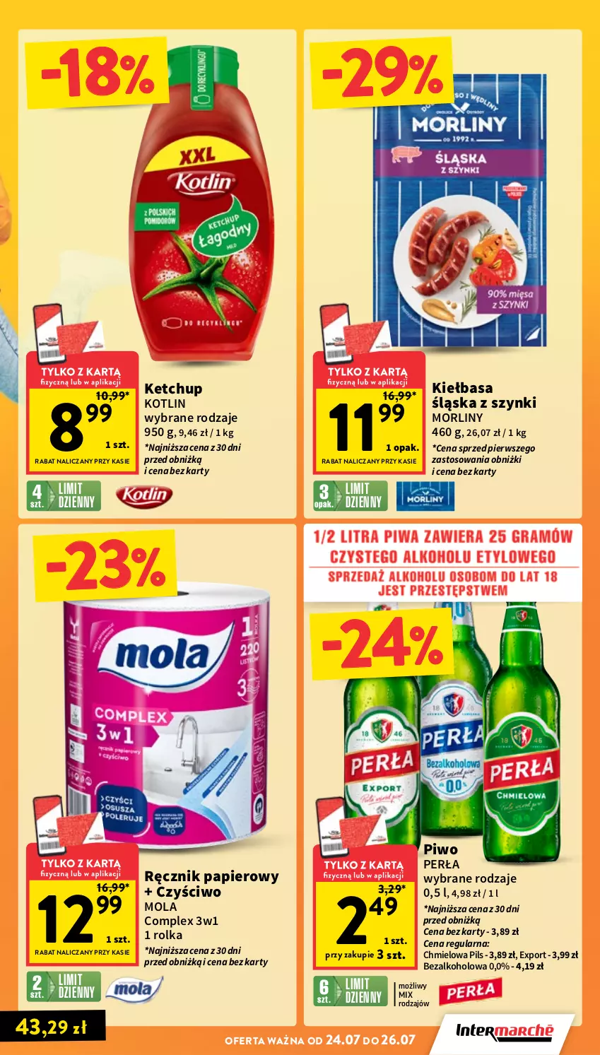 Gazetka promocyjna Intermarche - Gazetka Intermarche - ważna 24.07 do 30.07.2025 - strona 3 - produkty: Ketchup, Kiełbasa, Kiełbasa śląska, Kotlin, Mola, Morliny, Papier, Perła, Piwo, Por, Ręcznik