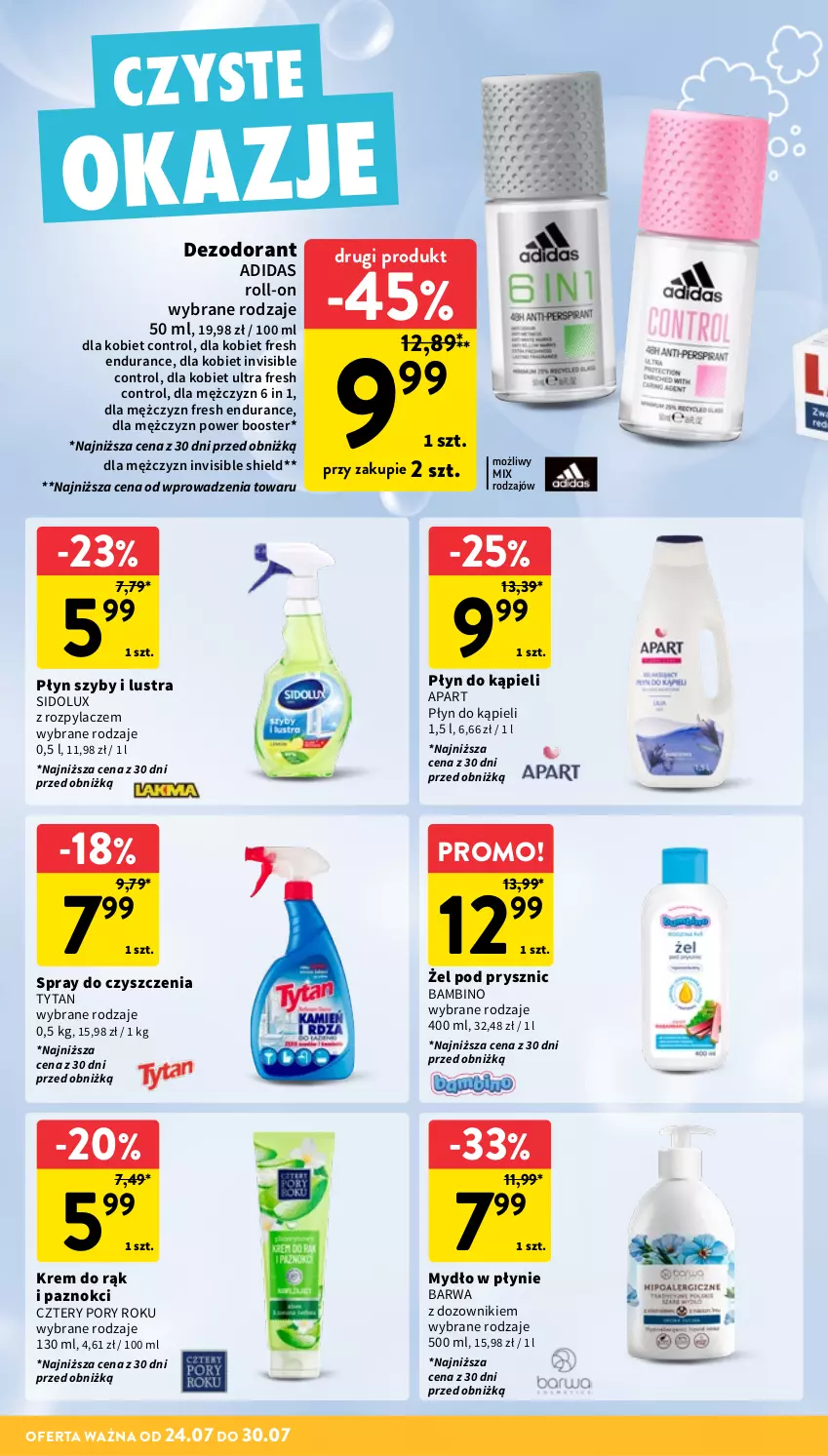 Gazetka promocyjna Intermarche - Gazetka Intermarche - ważna 24.07 do 30.07.2025 - strona 30 - produkty: Adidas, Booster, Control, Dezodorant, Dozownik, Krem do rąk, Mydło, Mydło w płynie, Płyn do kąpieli, Por, Sidolux, Spray do czyszczenia, Tytan
